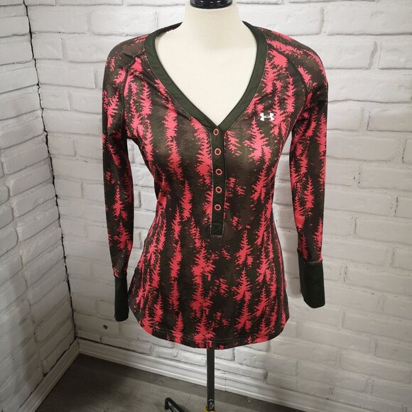 Under Armour Ladies Size Medium Pink Brown Green V-neck Long Sleeves Rash Guard - Picture 1 of 11